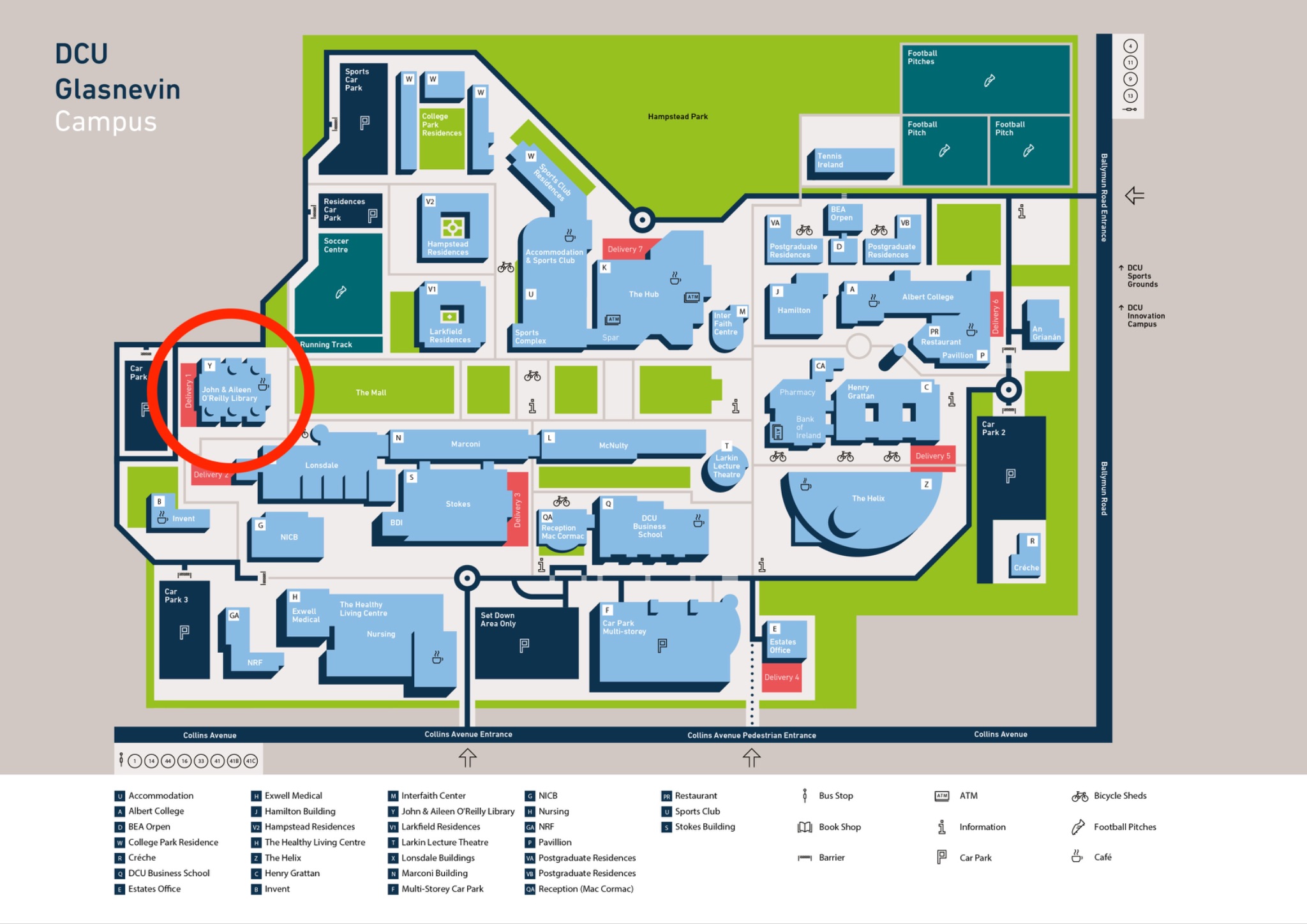 DCU Glasnevin Campus map with the John & Aileen O'Reilly Library circled in red, located on the west side of the campus near the main car park.